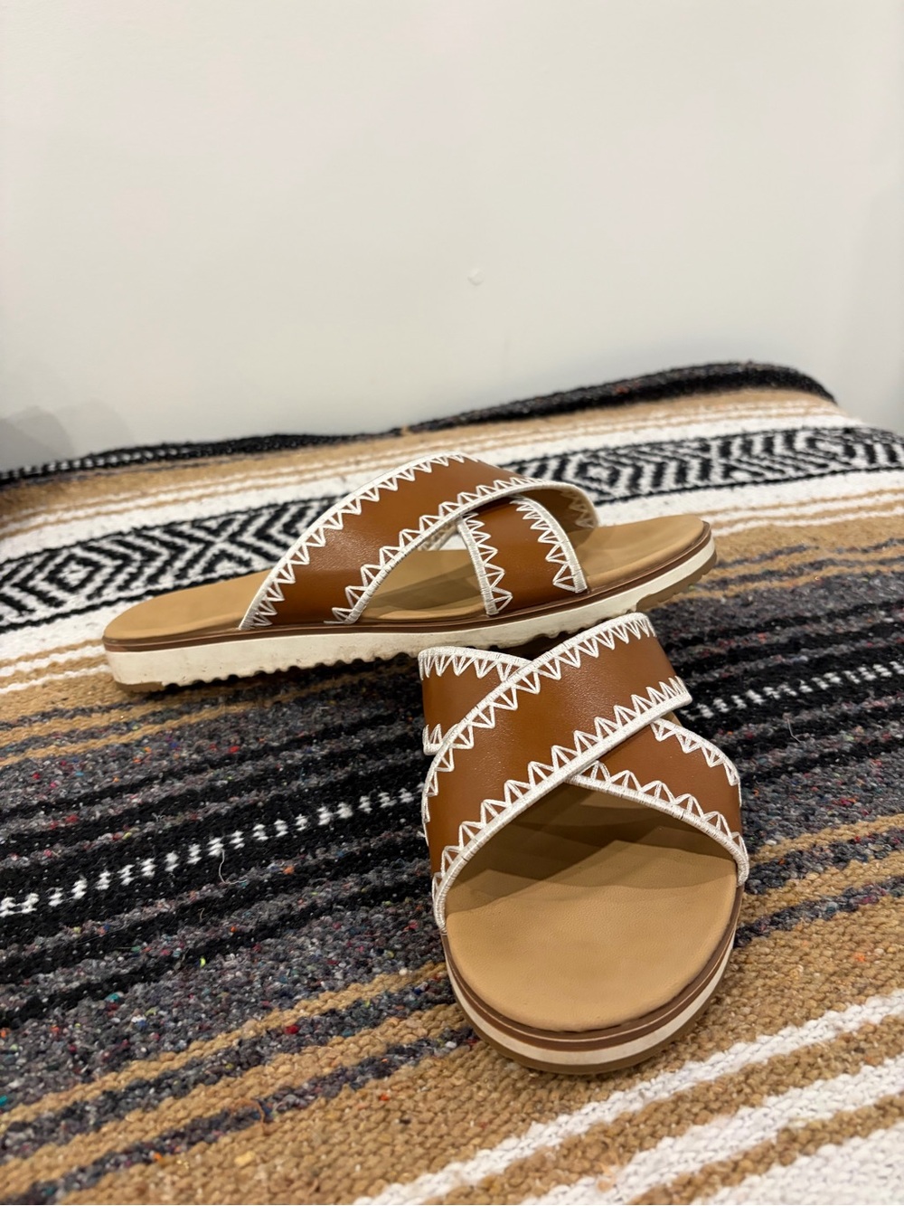 Catherine Malandrino Brown Slide Sandals with White Zigzag Trim